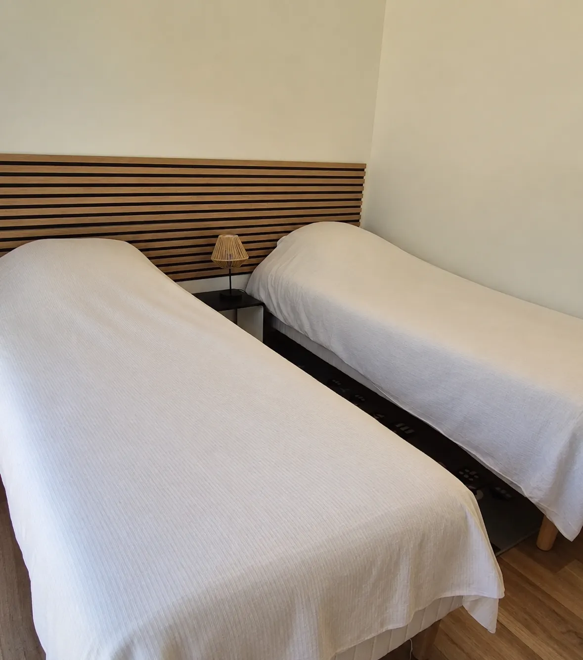 Chambre avec deux lits simples et tête de lit en bois