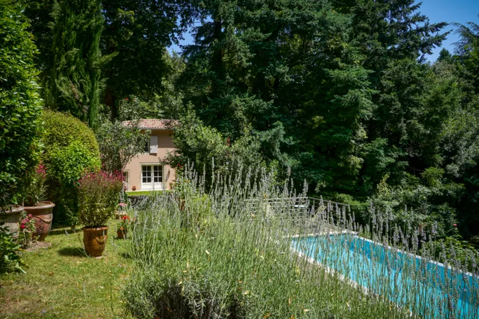 Heated pool lined with lavender in the grounds of Le Clos d'Abrigeon