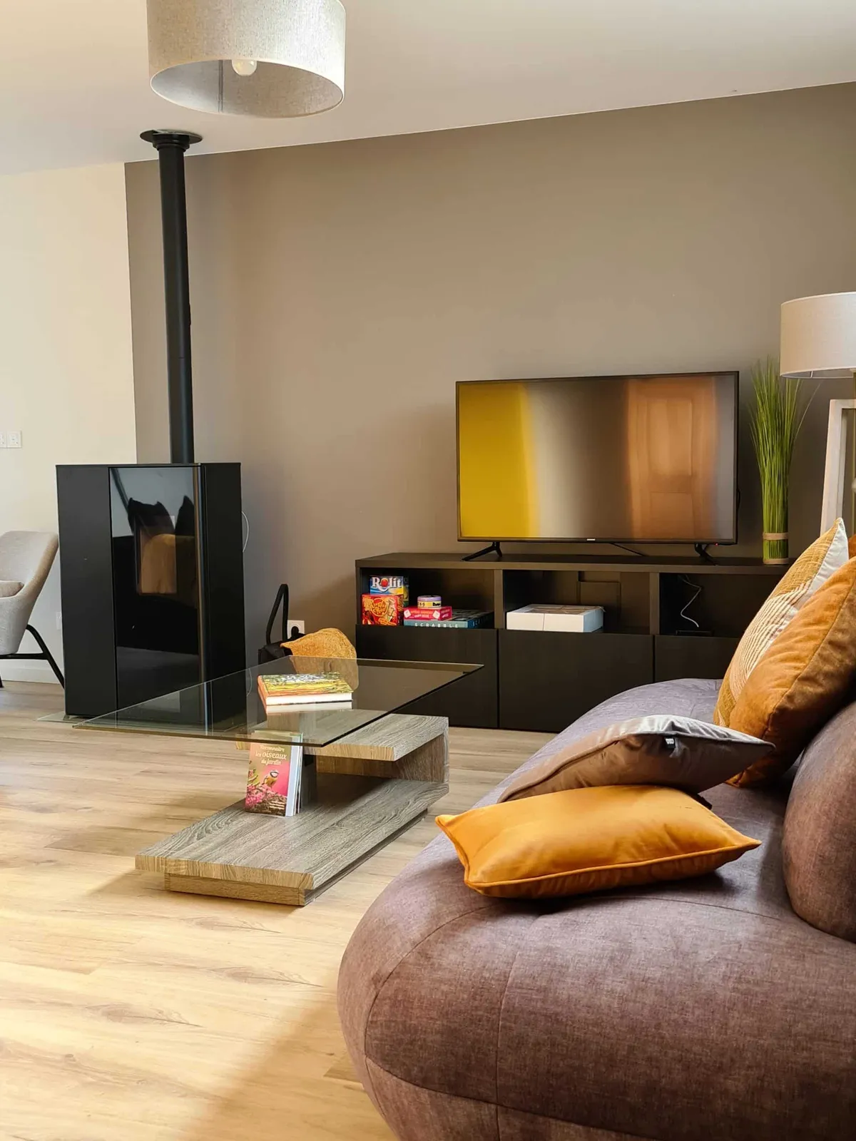 Salon avec poêle à granulés, télévision, table basse en verre et canapé, gîte Sapin Zen